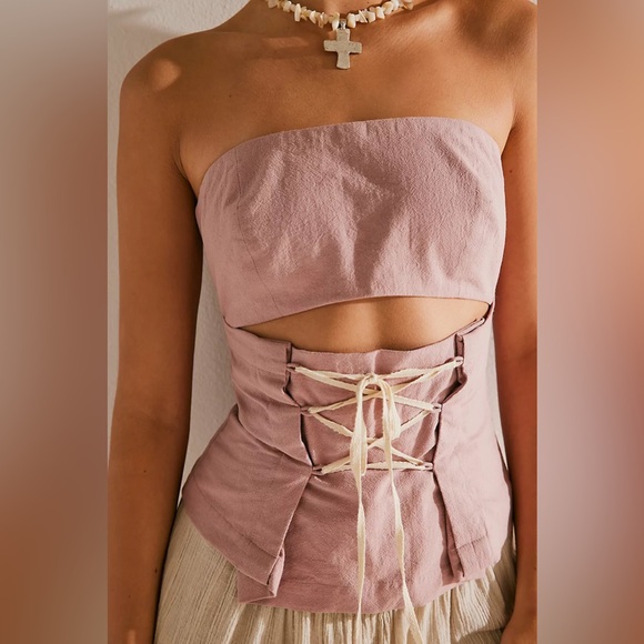 NWOT FREE PEOPLE Criss Cross Corset Top Dusty Rose - Picture 3 of 9